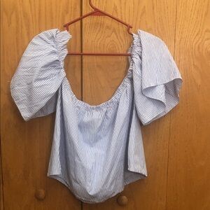 Off-Shoulder Blue & White Striped Puff-Sleeve Blouse size large fit medium large